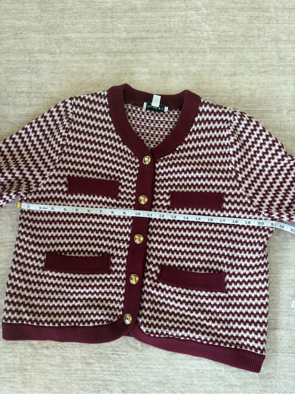 Free Assembly Woven Houndstooth Burgundy & White Cardigan Sweater S: Large - Picture 13 of 16